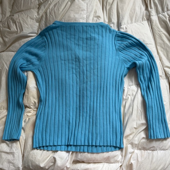 Blue V-Neck Ribbed Stripe Button Sweater - Picture 6 of 7